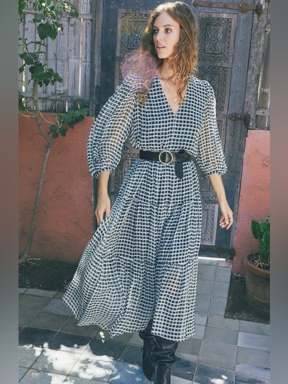Joie Tobey Silk Maxi Dress Porcelain Caviar Gingham Check Black Cream XXS